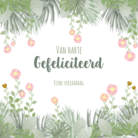 Fleurige verjaardagskaart botanica met bladeren en roze bloemen